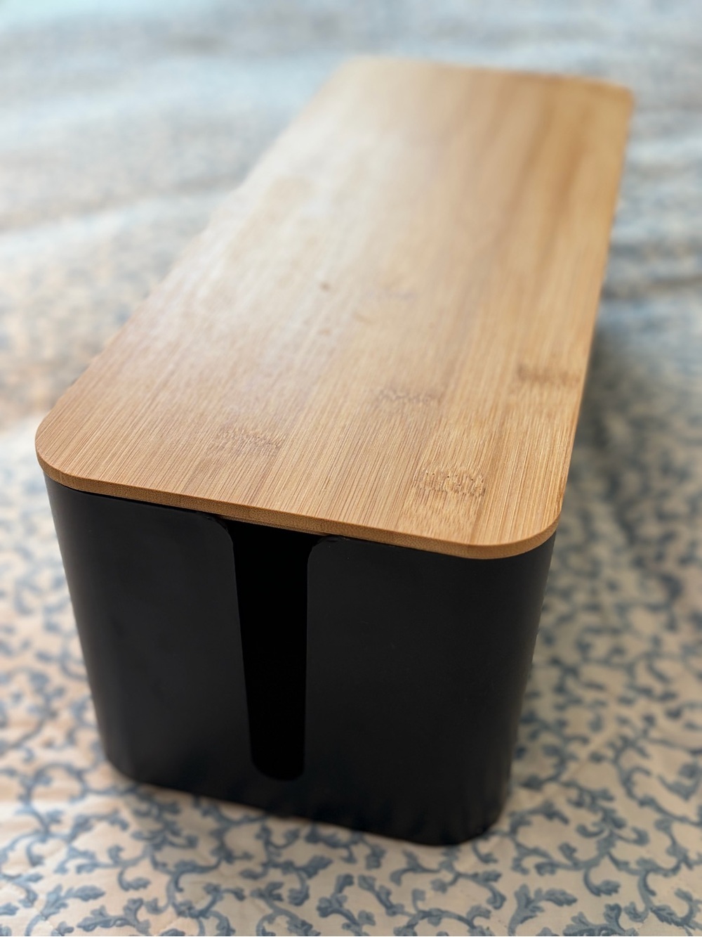 Large Black Cable Management Box with Bamboo Lid 16 Inch